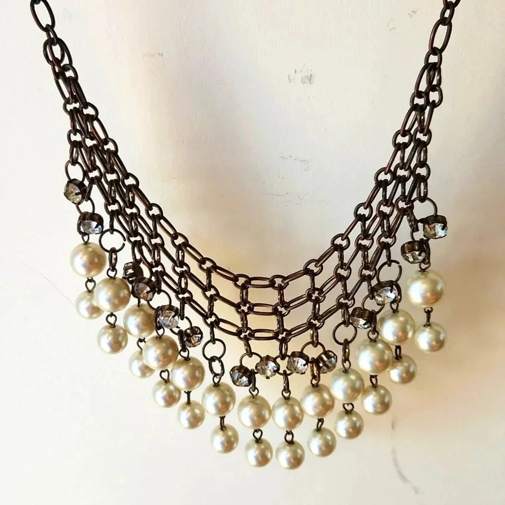 Bib Faux Pearl Rhinestone‎ Chain Necklace 20"